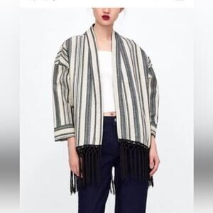 Zara Basic Neutral Striped 3/4 Sleeves Fringe Kimono Ecru Size Small